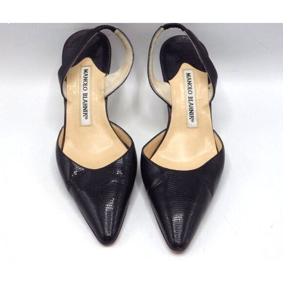 Manolo Blahnik Women's Black Lizard Embossed Slingback Heels Size 35 - Picture 1 of 9